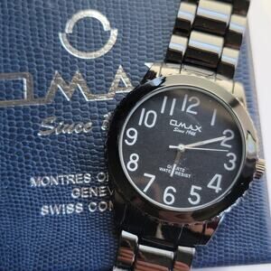Omax Mens Watch Black Dial Silver Tone Stainless Bracelet Quartz Water Resist